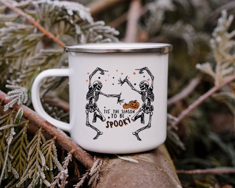 Skeleton Enamel Mug Halloween gift, Spooky Coffee Mug Fall Coffee Mug Autumn Camper Mug Halloween Gift, Fall Campfire Mug Ghost Bonfire Mug