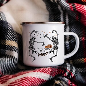 Skeleton Enamel Mug Halloween gift, Spooky Coffee Mug Fall Coffee Mug Autumn Camper Mug Halloween Gift, Fall Campfire Mug Ghost Bonfire Mug