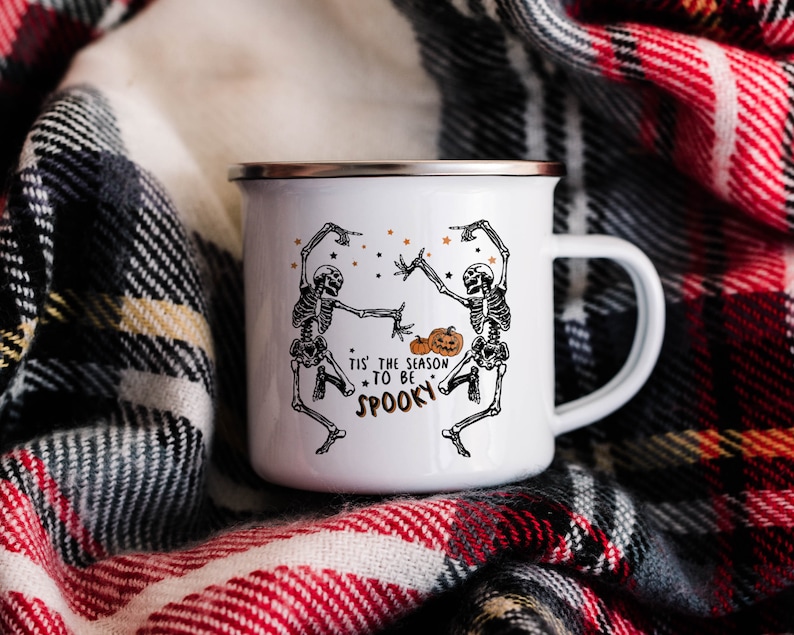 Skeleton Enamel Mug Halloween gift, Spooky Coffee Mug Fall Coffee Mug Autumn Camper Mug Halloween Gift, Fall Campfire Mug Ghost Bonfire Mug
