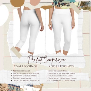 May include: A side-by-side comparison of two white leggings. The leggings on the left are mid-rise and the leggings on the right are high-rise. The text "Product Comparison" is at the top of the image. The text "Gym Leggings" is above a list of features: "Mid-rise leggings", "Made of a microfiber yarn", "Four-way stretch fabric", "Elastic waistband", "Overlock and coverstitch". The text "Yoga Leggings" is above a list of features: "High-rise leggings", "Made of a microfiber yarn", "Four-way stretch fabric", "Wide squat proof waistband", "Flat seam and coverstitch".