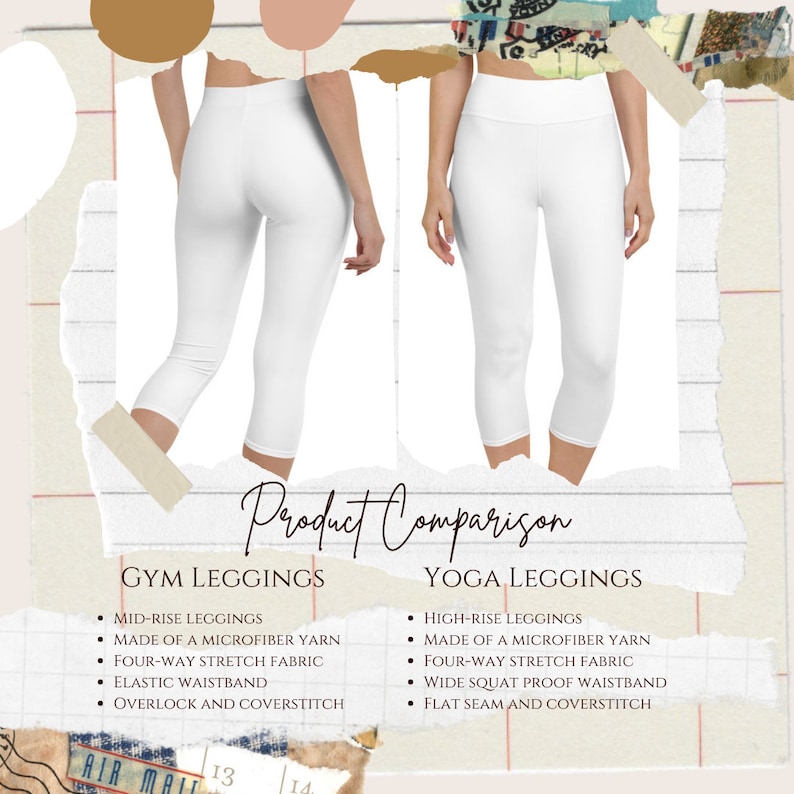May include: A side-by-side comparison of two white leggings. The leggings on the left are mid-rise and the leggings on the right are high-rise. The text "Product Comparison" is at the top of the image. The text "Gym Leggings" is above a list of features: "Mid-rise leggings", "Made of a microfiber yarn", "Four-way stretch fabric", "Elastic waistband", "Overlock and coverstitch". The text "Yoga Leggings" is above a list of features: "High-rise leggings", "Made of a microfiber yarn", "Four-way stretch fabric", "Wide squat proof waistband", "Flat seam and coverstitch".