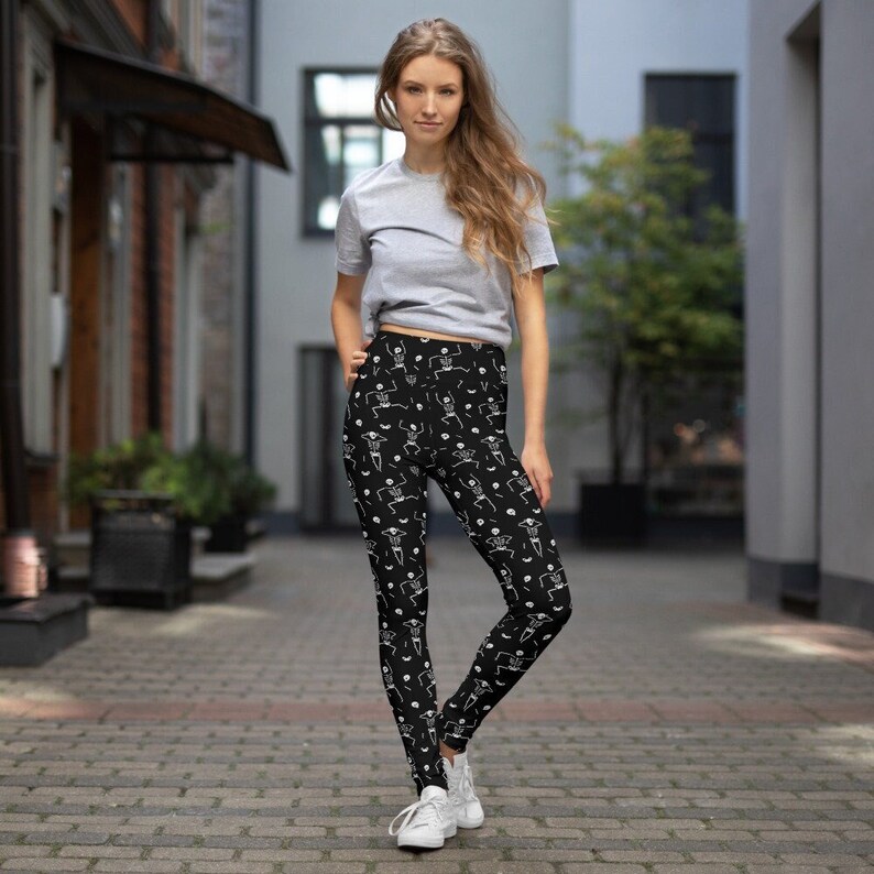 Skeleton Halloween Costume Leggings, Halloween Pants Spooky Scary Skeleton Leggings Gym Workout Leggings Horror Leggings Black Yoga Leggings