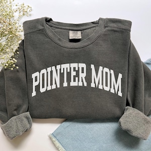 Può includere: Una felpa grigio scuro con la scritta "POINTER MOM" a lettere bianche. La felpa ha un girocollo e maniche con polsini. Il capo è piegato su una superficie di denim blu chiaro.