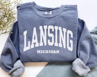 Lansing Sweatshirt, Comfort Colors Lansing MI Shirt Michigan Vacation Trip Souvenir Gift, Game Day Lansing Crewneck Lansing Michigan Sweater
