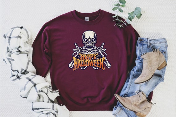 Skeleton Sweatshirt Happy Halloween Sweatshirt Skull - Etsy