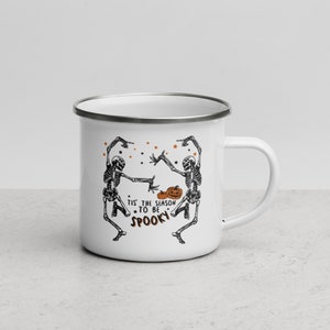Skeleton Enamel Mug Halloween gift, Spooky Coffee Mug Fall Coffee Mug Autumn Camper Mug Halloween Gift, Fall Campfire Mug Ghost Bonfire Mug