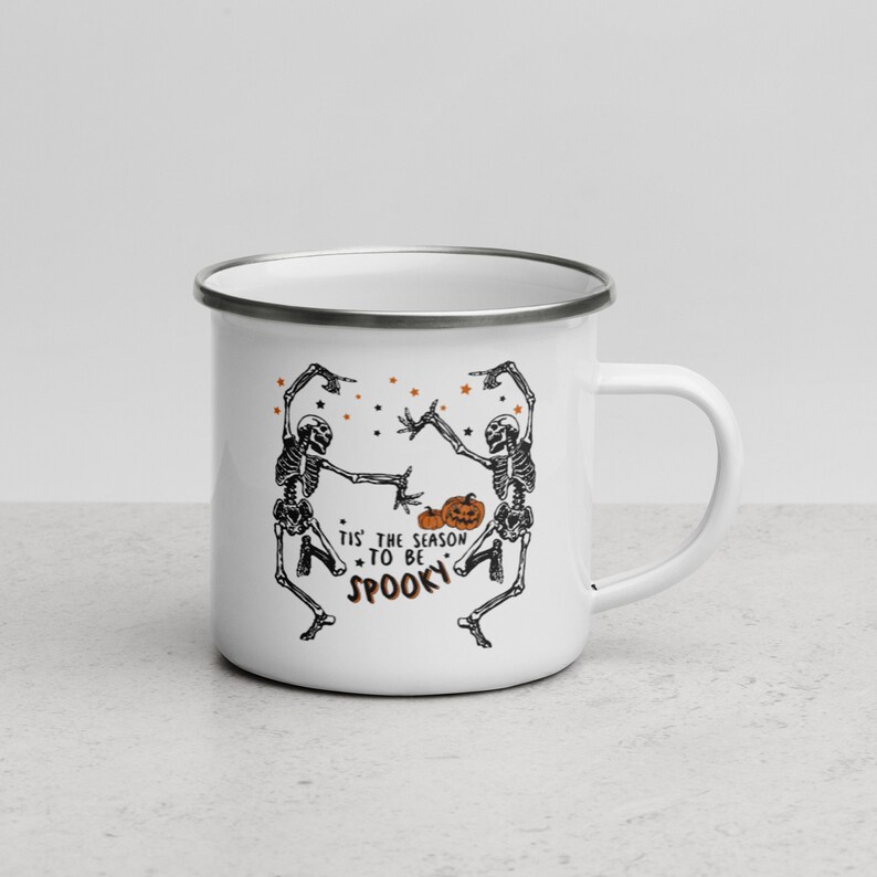 Skeleton Enamel Mug Halloween gift, Spooky Coffee Mug Fall Coffee Mug Autumn Camper Mug Halloween Gift, Fall Campfire Mug Ghost Bonfire Mug