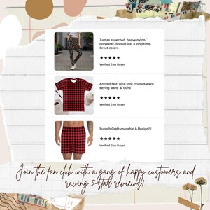 May include: Three product reviews with five-star ratings for a red and black plaid shirt, red and black plaid shorts, and red and black leggings. The reviews highlight the quality, fit, and speed of delivery. The text reads "Join the fan club with a gang of happy customers and raving 5-star reviews!"
