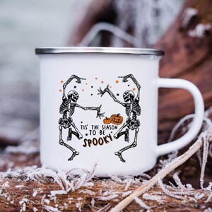 Skeleton Enamel Mug Halloween gift, Spooky Coffee Mug Fall Coffee Mug Autumn Camper Mug Halloween Gift, Fall Campfire Mug Ghost Bonfire Mug