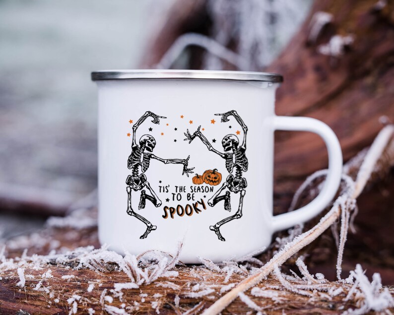 Skeleton Enamel Mug Halloween gift, Spooky Coffee Mug Fall Coffee Mug Autumn Camper Mug Halloween Gift, Fall Campfire Mug Ghost Bonfire Mug