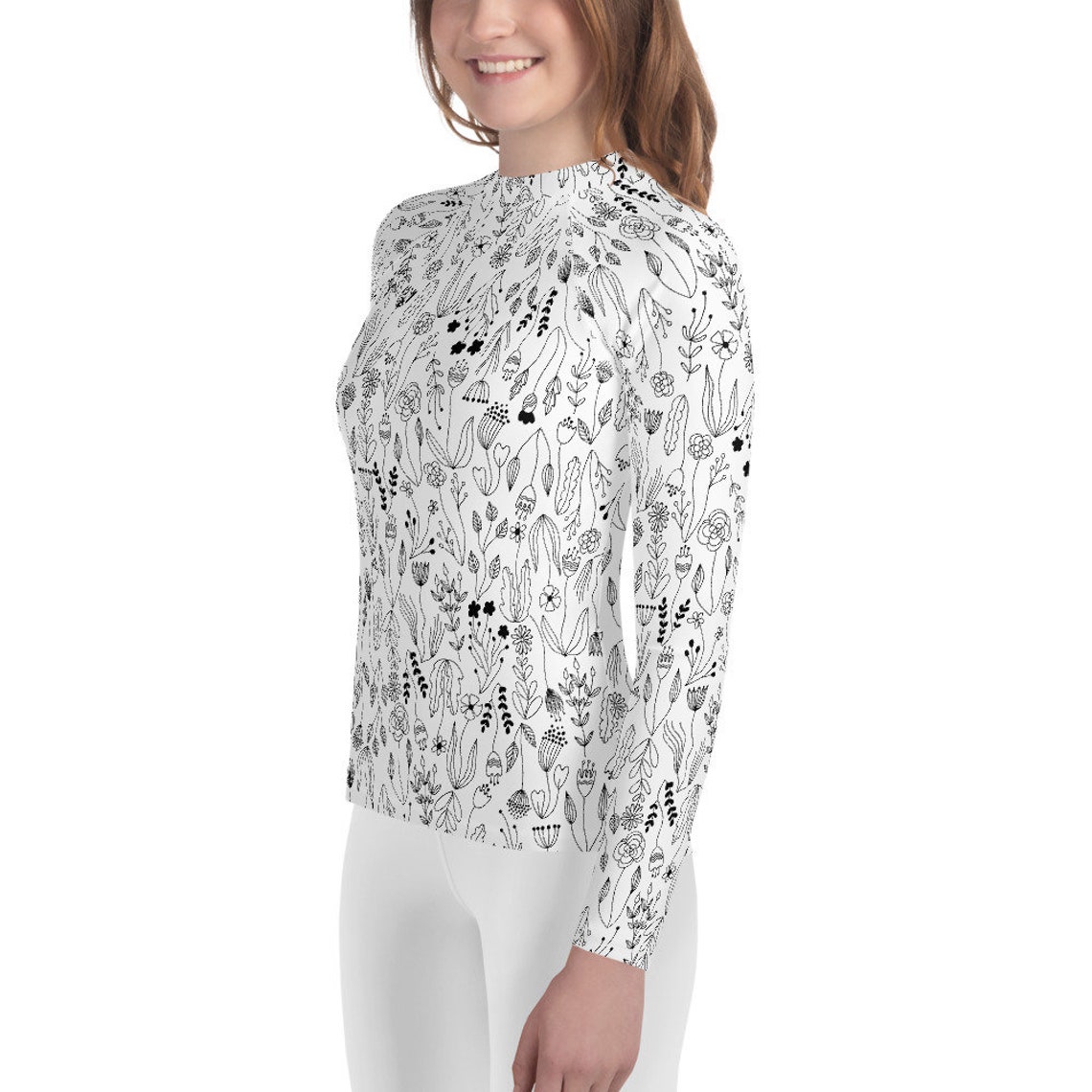 Youth Floral Rash Guard. Black and White Rashie With Flowers. Etsy
