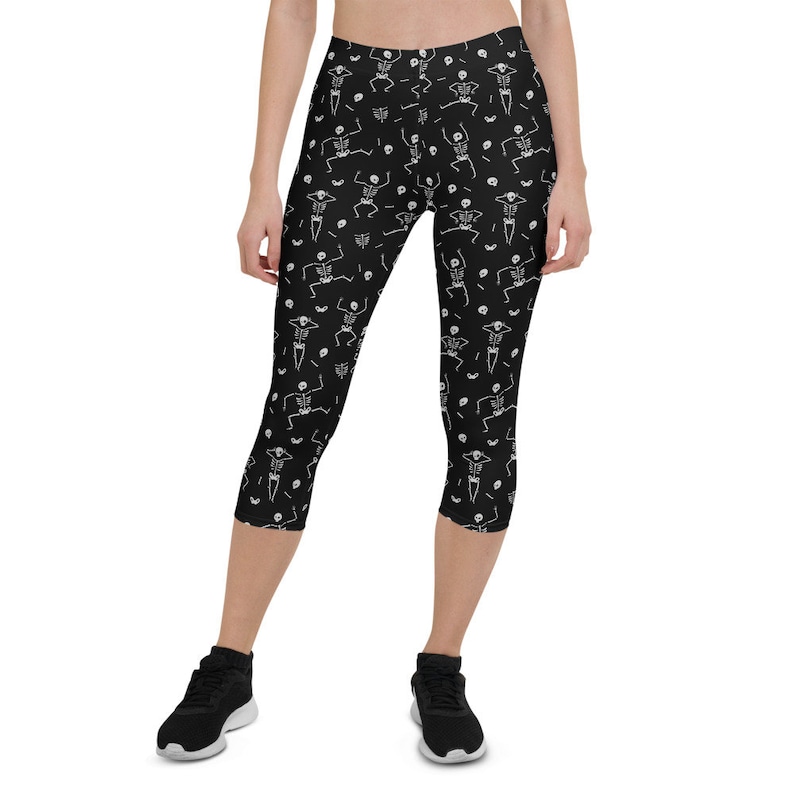 Capri Skeleton Leggings Halloween Skeleton Costume, Capri Halloween Yoga Pants Dancing Skeleton Leggings for Women, Workout Halloween Tights