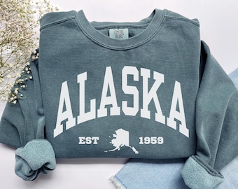 Alaska Sweatshirt, Komfort Farben Alaska Shirt Alaska Kreuzfahrt Urlaub Souvenir Geschenk, Sport Jersey Studenten Preppy Alaska Karte Rundhalsausschnitt