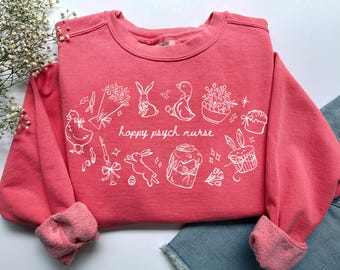 Hoppy Psych Krankenschwester Sweatshirt, Komfort Farben Kokette Ostern Psych Krankenschwester Shirt PMHNP T-Shirt, Abschlussgeschenk für psychische Gesundheit Psychiatrie