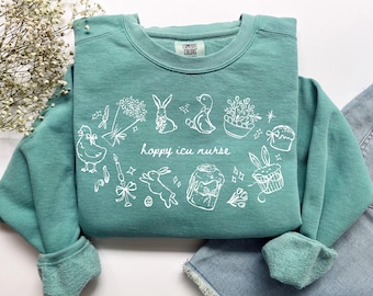 Hoppy ICU Krankenschwester-Sweatshirt, Komfortfarben Ostern ICU Nurse Shirt Intensivstation T-Shirt, Nicu Picu RN Notfallschwester Abschlussgeschenk
