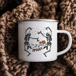 Skeleton Enamel Mug Halloween gift, Spooky Coffee Mug Fall Coffee Mug Autumn Camper Mug Halloween Gift, Fall Campfire Mug Ghost Bonfire Mug