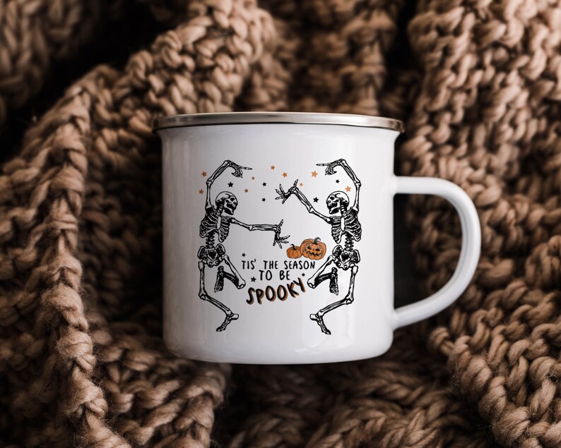 Skeleton Enamel Mug Halloween gift, Spooky Coffee Mug Fall Coffee Mug Autumn Camper Mug Halloween Gift, Fall Campfire Mug Ghost Bonfire Mug