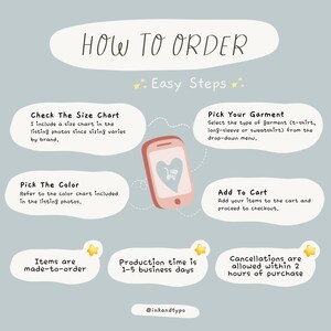 May include: An illustrated guide titled "HOW TO ORDER" with "Easy Steps" and a pink smartphone graphic. Instructions include checking the size chart, picking a garment and color, and adding items to the cart. Additional notes on production time and cancellations.