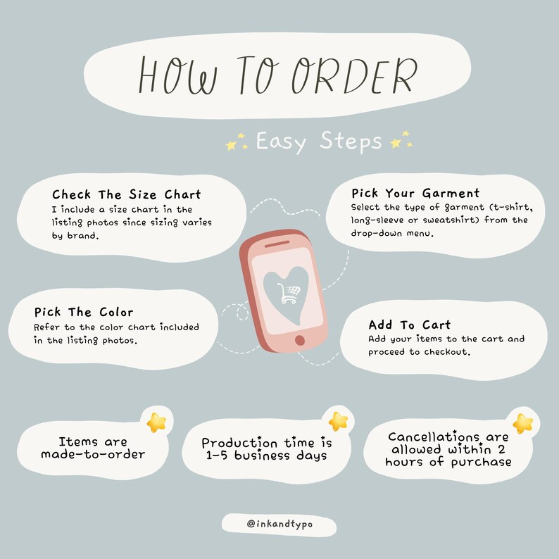 May include: An illustrated guide titled "HOW TO ORDER" with "Easy Steps" and a pink smartphone graphic. Instructions include checking the size chart, picking a garment and color, and adding items to the cart. Additional notes on production time and cancellations.