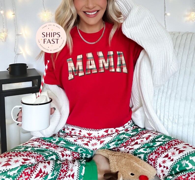 Christmas Mama Comfort Colors® Shirt, New Mom Christmas Shirt, Buffalo Plaid Xmas Pregnancy Announcement, Holiday Shirt, Winter Gift for Mom