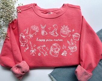 Sweat-shirt Hoppy infirmière PICU, chemise d'infirmière PICU de Pâques couleurs confort t-shirt unité de soins intensifs pédiatriques, cadeau de remise des diplômes infirmière ICU Nicu pédiatrique