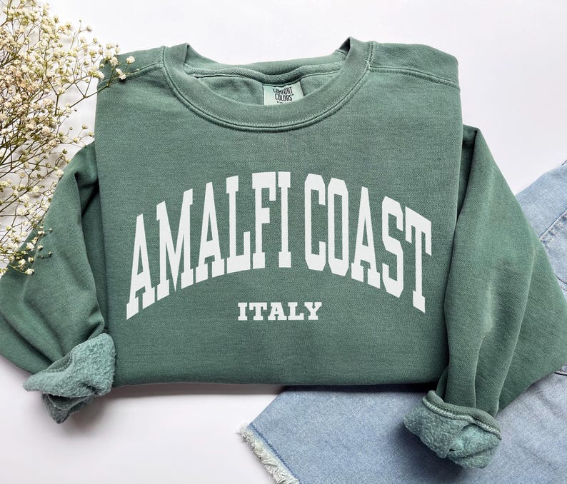 Amalfi Küste Sweatshirt, Komfort Farben Amalfi Küste Shirt Amalfi Rundhalsausschnitt, Mittelmeer Europa Flitterwochen Italien Urlaubsreise Souvenir Geschenk Light Green