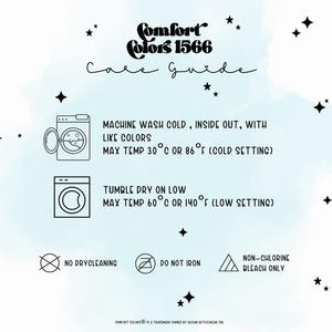 May include: Care guide with instructions for washing and drying clothing. Includes text: Machine wash cold, inside out, with like colors. Max temp 30&deg;C or 86&deg;F. Tumble dry on low. Max temp 60&deg;C or 140&deg;F. No dry cleaning, do not iron, non-chlorine bleach only.