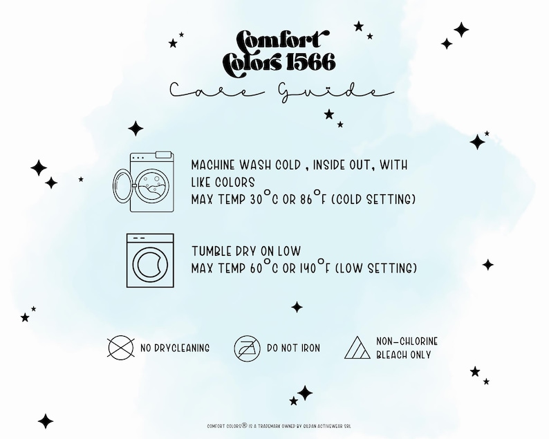 May include: Care guide with instructions for washing and drying clothing. Includes text: Machine wash cold, inside out, with like colors. Max temp 30&deg;C or 86&deg;F. Tumble dry on low. Max temp 60&deg;C or 140&deg;F. No dry cleaning, do not iron, non-chlorine bleach only.