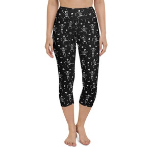 Capri Skeleton Leggings Halloween Skeleton Costume, Capri Halloween Yoga Pants Dancing Skeleton Leggings for Women, Workout Halloween Tights
