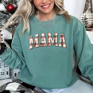 Christmas Mama Comfort Colors® Shirt, New Mom Christmas Shirt, Buffalo Plaid Xmas Pregnancy Announcement, Holiday Shirt, Winter Gift for Mom