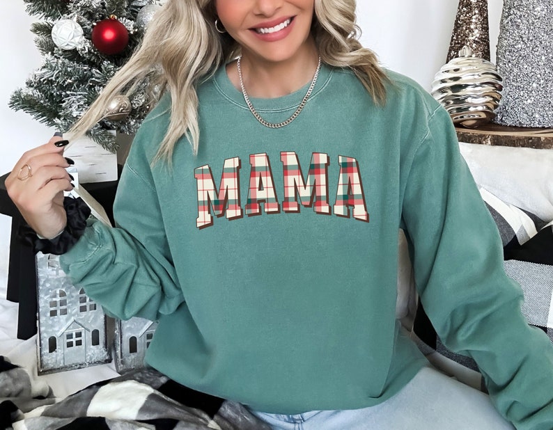 Christmas Mama Comfort Colors® Shirt, New Mom Christmas Shirt, Buffalo Plaid Xmas Pregnancy Announcement, Holiday Shirt, Winter Gift for Mom
