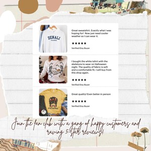以下が含まれることがあります： 洋服店の顧客レビューが3つあります。レビューはすべて5つ星で、商品の画像が掲載されています。最初のレビューは、前面に「デナリ・アラスカ」という文字が書かれた白いスウェットシャツです。2番目のレビューは、前面に骸骨のグラフィックと「It's the spooky season」という文字が書かれた白い長袖シャツです。3番目のレビューは、前面にネイティブアメリカンのヘッドドレスをつけた女性のグラフィックと「#IndigenousWoman」という文字が書かれた黄色のTシャツです。