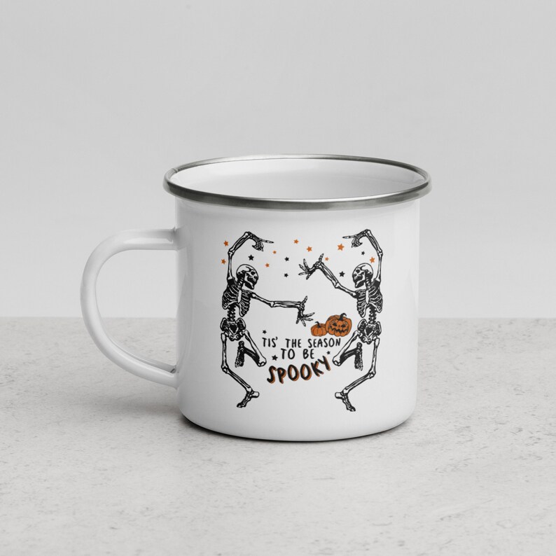 Skeleton Enamel Mug Halloween gift, Spooky Coffee Mug Fall Coffee Mug Autumn Camper Mug Halloween Gift, Fall Campfire Mug Ghost Bonfire Mug
