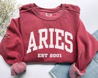 Op de afbeelding: Een rood sweatshirt met het woord "ARIES" in witte letters en de tekst "EST 2001" eronder.