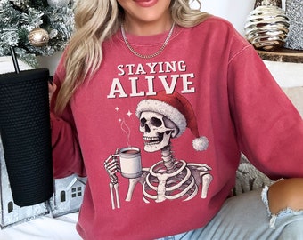 Skeleton Christmas Comfort Colors Sweatshirt, Christmas Coffee Shirt Skeleton Coffee Christmas Gift for Wife, Teacher Christmas Mom Shirt