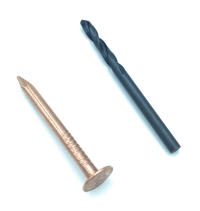 May include: A copper nail with a large head and a black drill bit.