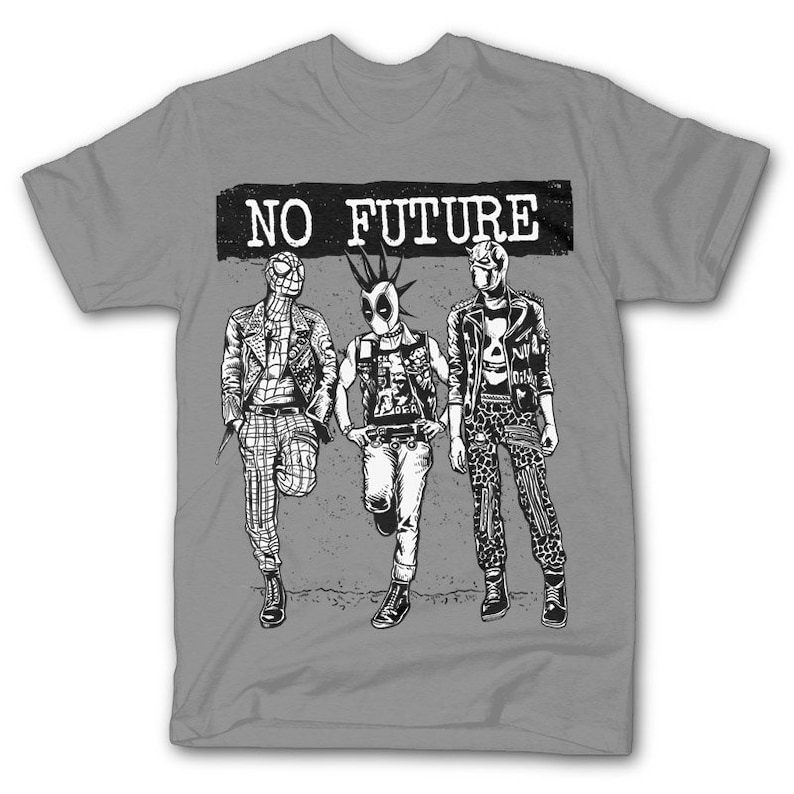 May include: Gray t-shirt featuring a black and white graphic of three figures in punk-inspired attire. The figures are styled after comic book characters. The text "NO FUTURE" is printed across the top in a black rectangle.