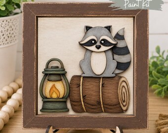 DIY Camping Paint Kit | Camping Raccoon Interchangeable Tile | Woodland Decor | Campfire Decor | Laser Cut Wood Craft