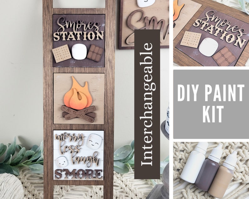 Leaning Ladder Smore Station DIY Paint Kit | Autumn Camping Decor | Home Decor Laser Cut Wood Blanks | Paint Kits 