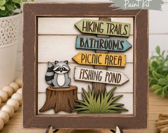DIY Camping Decor Paint Kit | Interchangeable Camping Tile | Woodland Raccoon Sign | RV & Cabin Decor | Laser Cut Wood Craft