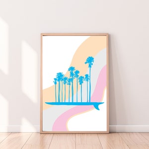 surf art, rainbow wall art, palm tree decor, beach wall decor, boho home, modern art, gift for her, pastel art, wall hanging, coastal theme