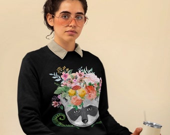 Cottagecore Racoon Sweatshirt Mushroom Botanical Shirt Oversized Crewneck Nature lover Tee Fairycore Clothing Goblincore Alt Clothes