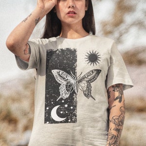 Monarch Butterfly Top Indie Clothing Witchy Clothing Spiritual Shirt Oversized T shirt Aesthetic Tshirt Tattoo Design Sun and Moon Shirt