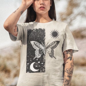 Monarch Butterfly Top Indie Clothing Witchy Clothing Spiritual Shirt Oversized T shirt Aesthetic Tshirt Tattoo Design Sun and Moon Shirt image 1