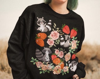 Raccoon Sweatshirt Racoon Sweatshirt Racoon Shirt Goblincore Crewneck Fairycore Botanical Sweatshirt Racoon Crewneck Strawberry Shirt Faerie