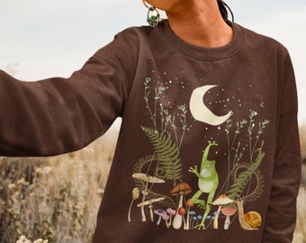 Fairycore Clothing Goblincore Grunge Alt Mushroom Sweater Cottagecore Sweatshirt Preppy Crewneck Oversized Clothes Moon Plant Sweatshirt