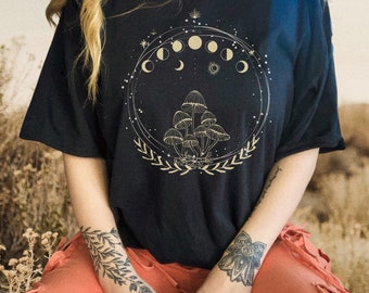 Cottagecore Clothing Faerie Magic Mushroom Mushroom Clothing Mushroom T Shirt Aesthetic Shirt Goblincore Clothing Moon Phase Fairy Core Kei