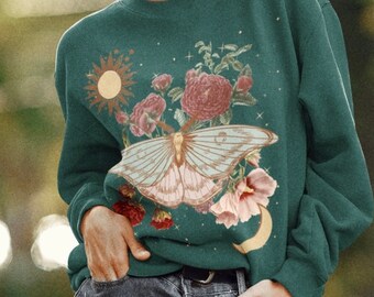 Cottagecore Clothing Luna Moth Art Trendy Oversized Sweatshirt Aesthetic Crewneck Cottage Core Botanical Shirt Garden Shirt Sun and Moon Art