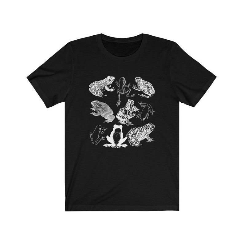 May include: Black t-shirt with a white graphic print of various frogs in different poses.