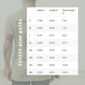 May include: A size chart for t-shirts with measurements in inches for width, length, and sleeve length. The chart shows sizes from S to 5XL.